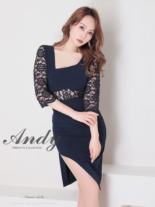 Andy/AN-ON2716/ワンピース/ミニドレス/キャバドレス/ワンカラー/レース/アシンメトリー/袖あり/五分袖/膝丈/タイトドレス