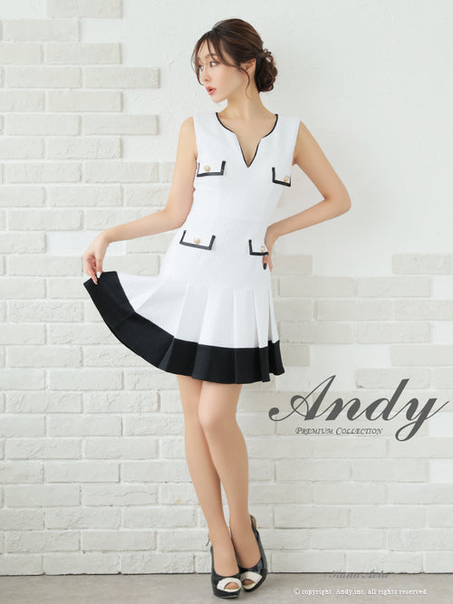 Andy/AN-ON2821/ワンピース/ミニドレス/キャバドレス/プリーツ/バイカラー/Vネック/カットアウト/デザインポケット/ノースリーブ