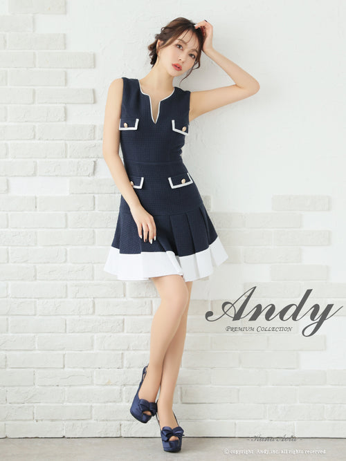 Andy/AN-ON2821/ワンピース/ミニドレス/キャバドレス/プリーツ/バイカラー/Vネック/カットアウト/デザインポケット/ノースリーブ