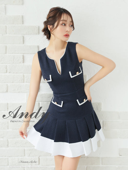 Andy/AN-ON2821/ワンピース/ミニドレス/キャバドレス/プリーツ/バイカラー/Vネック/カットアウト/デザインポケット/ノースリーブ