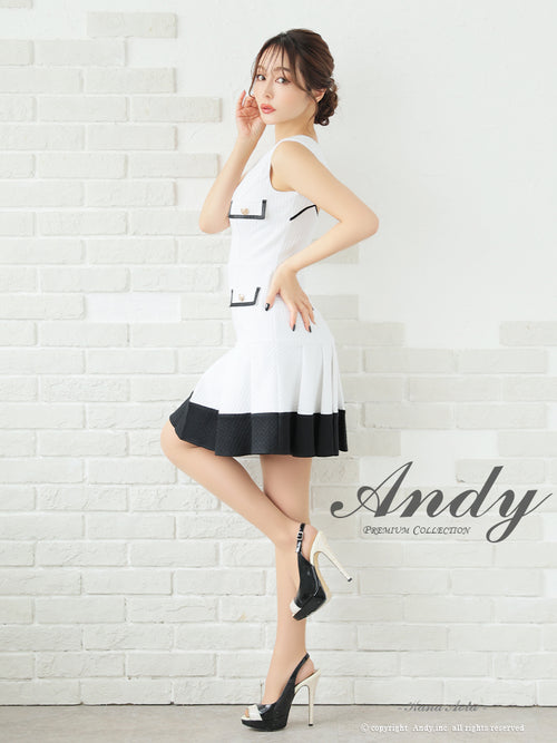 Andy/AN-ON2821/ワンピース/ミニドレス/キャバドレス/プリーツ/バイカラー/Vネック/カットアウト/デザインポケット/ノースリーブ