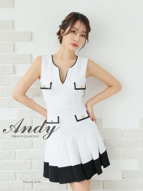 Andy/AN-ON2821/ワンピース/ミニドレス/キャバドレス/プリーツ/バイカラー/Vネック/カットアウト/デザインポケット/ノースリーブ