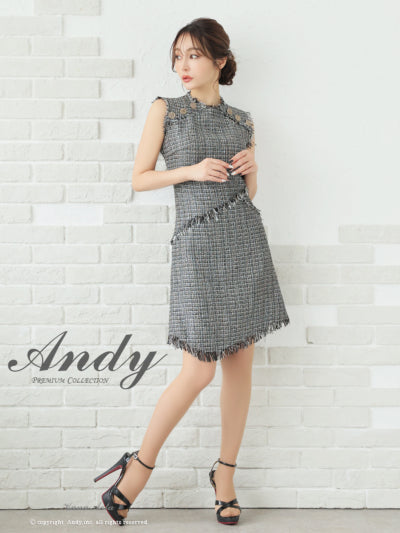 Andy/AN-ON2822/ワンピース/ミニドレス/キャバドレス/ツイード/ボタン/フリンジ/ノースリーブ/Aライン/フレア