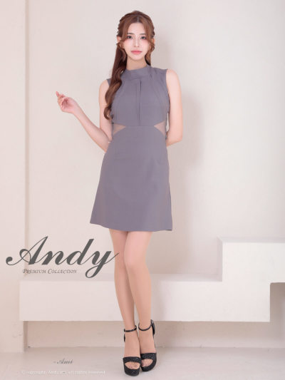 Andy/AN-ON2937/ワンピース/ミニドレス/キャバドレス/シンプル/ハイネック/タック/ノースリーブ/ウエストシアー/バックリボン/フレア