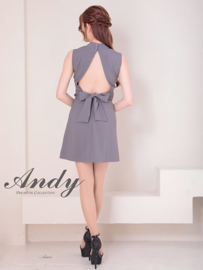 Andy/AN-ON2937/ワンピース/ミニドレス/キャバドレス/シンプル/ハイネック/タック/ノースリーブ/ウエストシアー/バックリボン/フレア