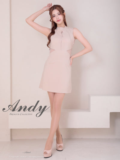 Andy/AN-ON2937/ワンピース/ミニドレス/キャバドレス/シンプル/ハイネック/タック/ノースリーブ/ウエストシアー/バックリボン/フレア