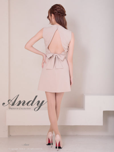 Andy/AN-ON2937/ワンピース/ミニドレス/キャバドレス/シンプル/ハイネック/タック/ノースリーブ/ウエストシアー/バックリボン/フレア