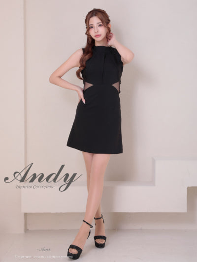 Andy/AN-ON2937/ワンピース/ミニドレス/キャバドレス/シンプル/ハイネック/タック/ノースリーブ/ウエストシアー/バックリボン/フレア