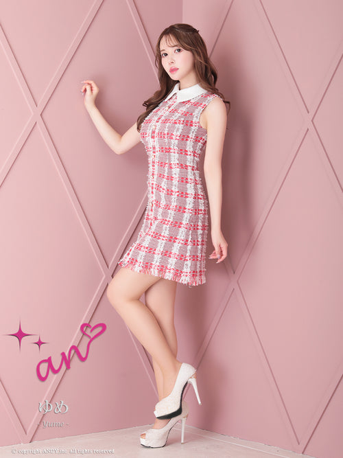 an/AOC-3541/ワンピース/ツイード/パールボタン/チェック/襟付き/キャバドレス/桜咲乃愛さん着用