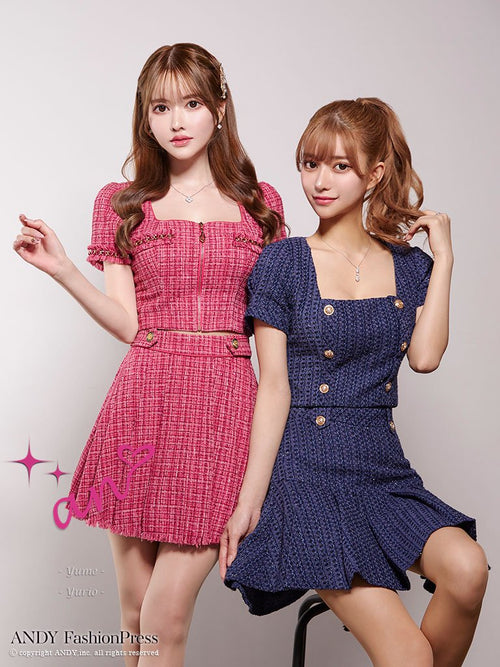 an/AOC-3551/セットアップ/袖あり/キャバドレス/ツイード/プリーツスカート/星野ティナさん/ゆりお着用