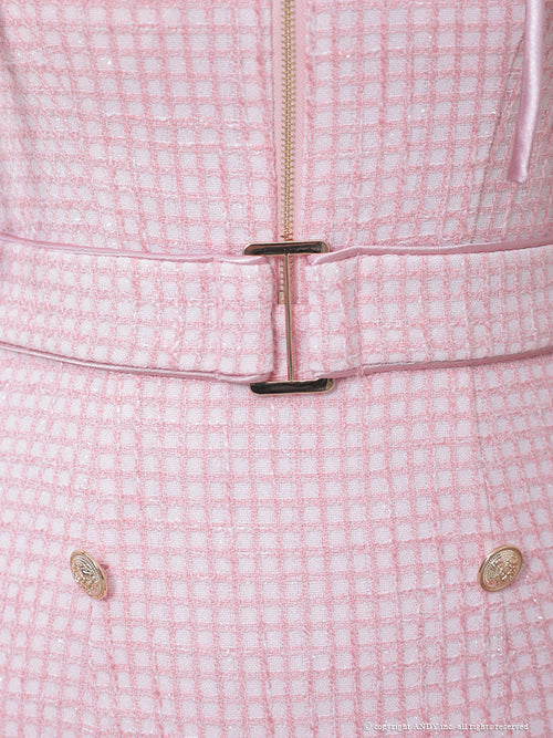 an/AOC-3635/ワンピース/キャバドレス/ミニドレス/ツイード/ワンカラー/リボン/ハイネック/カットアウト/フロントジップ/ノースリーブ/ミント/ブルー
