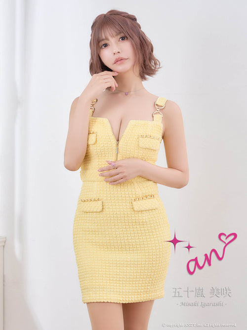 an/AOC-3645/ワンピース/キャバドレス/スーパーストレッチツイード/ミニドレス/フロントジップ/ノースリーブ