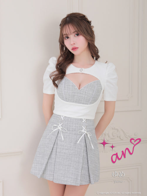 an/AOC-3651/セットアップ/キャバドレス/ミニドレス/ツイード/袖あり/半袖/パフスリーブ/プリーツスカート/Aライン/