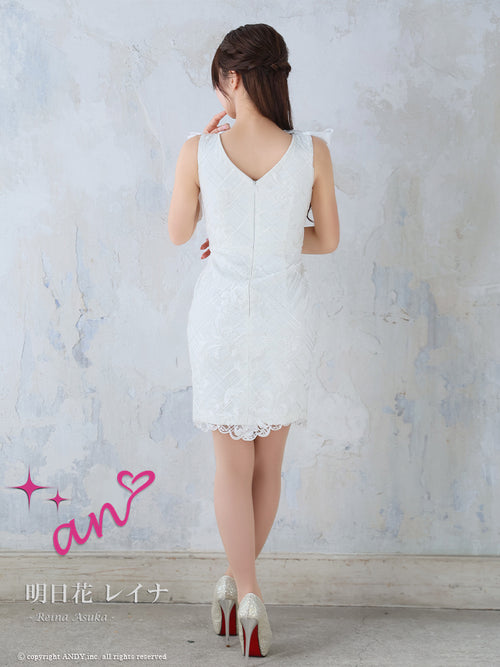 an/AOC-3663/ワンピース/キャバドレス/ミニドレス/総レース/Vネック/両肩リボン/リボンショルダー/タイト/黒/白
