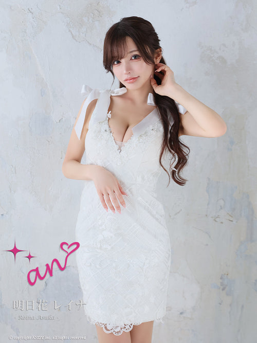 an/AOC-3663/ワンピース/キャバドレス/ミニドレス/総レース/Vネック/両肩リボン/リボンショルダー/タイト/黒/白