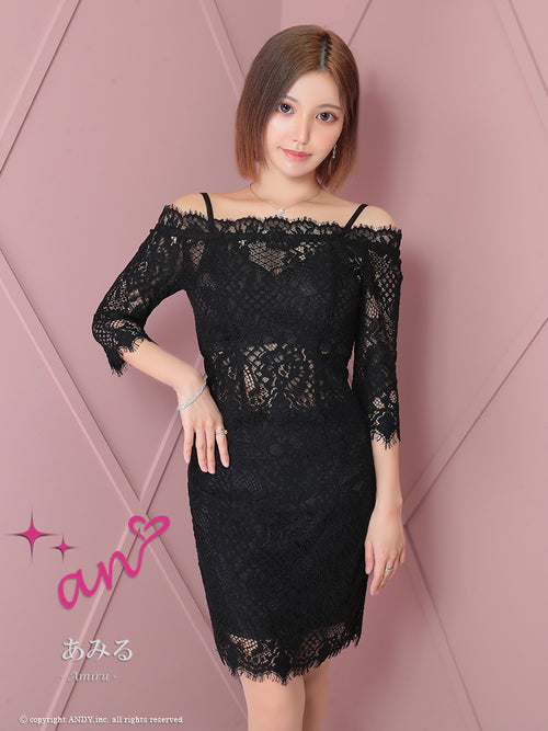 an/AOC-3721/セットアップ/キャバドレス/ミニドレス/総レース/袖あり/七分袖/リボン/タイト/オフショル