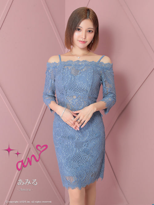 an/AOC-3721/セットアップ/キャバドレス/ミニドレス/総レース/袖あり/七分袖/リボン/タイト/オフショル