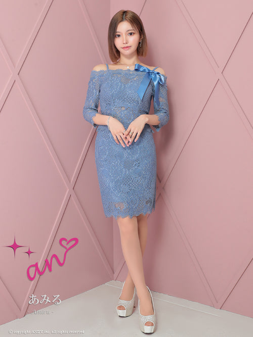 an/AOC-3721/セットアップ/キャバドレス/ミニドレス/総レース/袖あり/七分袖/リボン/タイト/オフショル