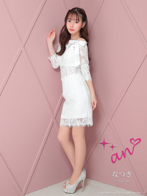 an/AOC-3721/セットアップ/キャバドレス/ミニドレス/総レース/袖あり/七分袖/リボン/タイト/オフショル