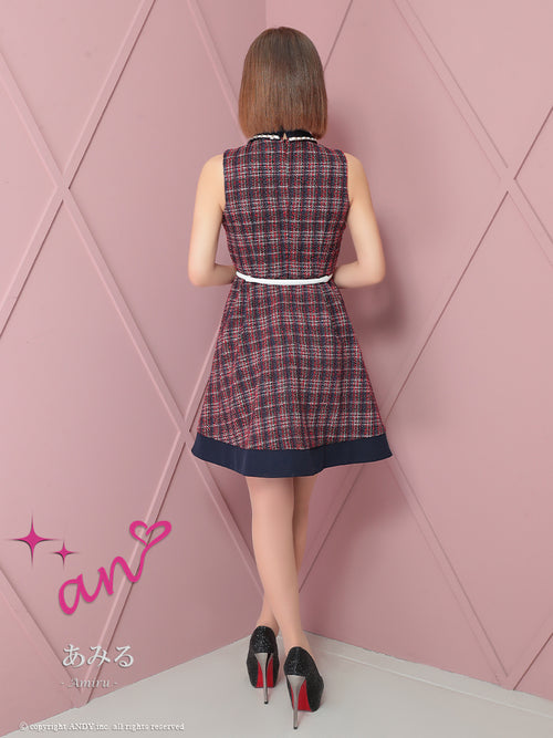 an/AOC-3725/ミニドレス/キャバドレス/ワンピース/ツイード/チェック/ベルト付き/襟付き/ノースリーブ/Aライン/フレアスカート/デザインポケット
