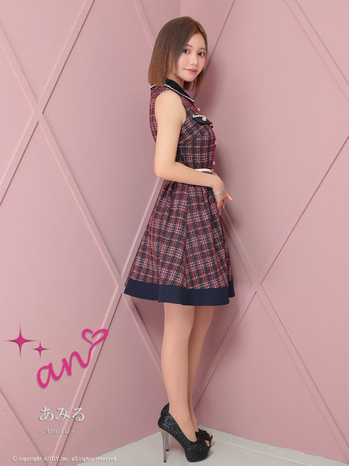an/AOC-3725/ミニドレス/キャバドレス/ワンピース/ツイード/チェック/ベルト付き/襟付き/ノースリーブ/Aライン/フレアスカート/デザインポケット