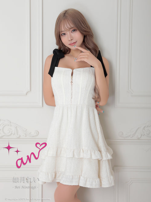 an/AOC-3758/ミニドレス/キャバドレス/リボン/フレア/ウエストリボン/フロントジップ/ショルダーリボン/フリル