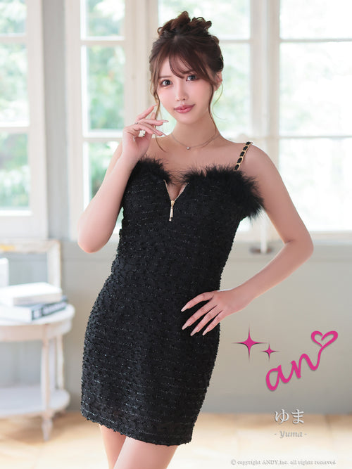 an/AOC-3770/ミニドレス/キャバドレス/袖あり/長袖/ ショルダーリボン/ ファー/フロントジッパー/ショルダーチェーン/タイトドレス