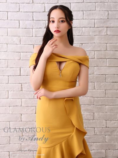 Andy/GLAMOROUS/GMS-V823/ワンピース/ロングドレス/キャバドレス/シンプル/ワンカラー/フロントジップ/オフショル/フリル/アシンメトリー/マーメイド