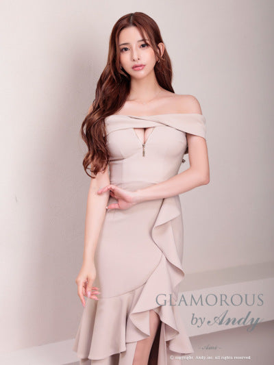 Andy/GLAMOROUS/GMS-V823/ワンピース/ロングドレス/キャバドレス/シンプル/ワンカラー/フロントジップ/オフショル/フリル/アシンメトリー/マーメイド
