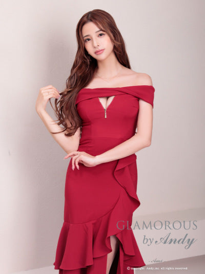 Andy/GLAMOROUS/GMS-V823/ワンピース/ロングドレス/キャバドレス/シンプル/ワンカラー/フロントジップ/オフショル/フリル/アシンメトリー/マーメイド