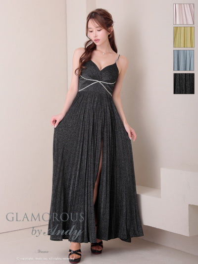 Andy/GLAMOROUS/GMS-V870/ワンピース/ロングドレス/キャバドレス/ビジュー/ラメ/プリーツ/キャミソール/スリット/ストレッチ/フレア