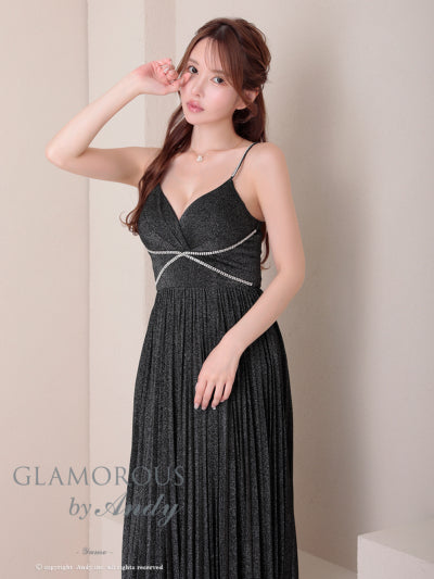 Andy/GLAMOROUS/GMS-V870/ワンピース/ロングドレス/キャバドレス/ビジュー/ラメ/プリーツ/キャミソール/スリット/ストレッチ/フレア