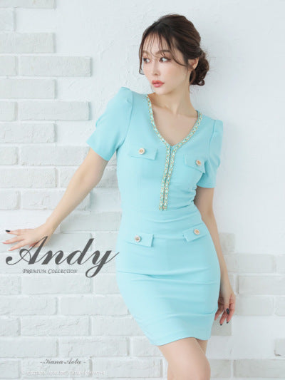 Andy/AN-ON2827/ワンピース/ミニドレス/キャバドレス/ワンカラー/チェーン/バックリボン/袖あり/半袖/タイト
