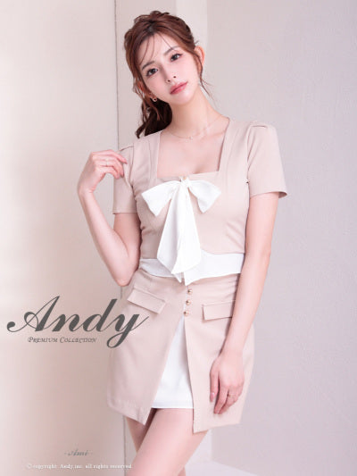 Andy/AN-ON2926/セットアップ/ミディアムドレス/キャバドレス/シフォン/リボン/バイカラー/切り替え/半袖/袖あり/タイト