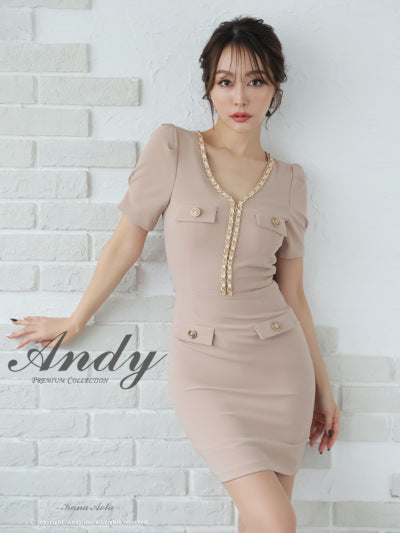 Andy/AN-ON2827/ワンピース/ミニドレス/キャバドレス/ワンカラー/チェーン/バックリボン/袖あり/半袖/タイト