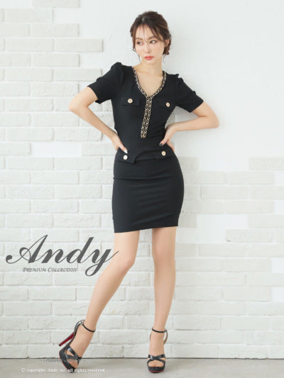 Andy/AN-ON2827/ワンピース/ミニドレス/キャバドレス/ワンカラー/チェーン/バックリボン/袖あり/半袖/タイト