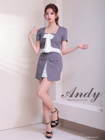 Andy/AN-ON2926/セットアップ/ミディアムドレス/キャバドレス/シフォン/リボン/バイカラー/切り替え/半袖/袖あり/タイト