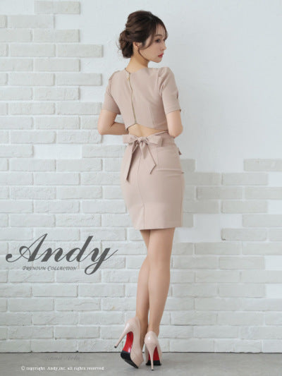 Andy/AN-ON2827/ワンピース/ミニドレス/キャバドレス/ワンカラー/チェーン/バックリボン/袖あり/半袖/タイト