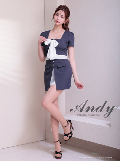 Andy/AN-ON2926/セットアップ/ミディアムドレス/キャバドレス/シフォン/リボン/バイカラー/切り替え/半袖/袖あり/タイト