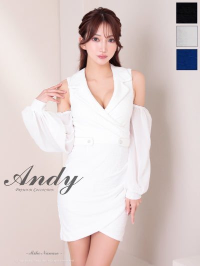 Andy/AN-ON2924/ワンピース/ミニドレス/キャバドレス/ワンカラー/シアー/ノースリーブ/袖あり/ビジューボタン/襟付き