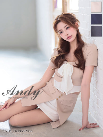 Andy/AN-ON2926/セットアップ/ミディアムドレス/キャバドレス/シフォン/リボン/バイカラー/切り替え/半袖/袖あり/タイト