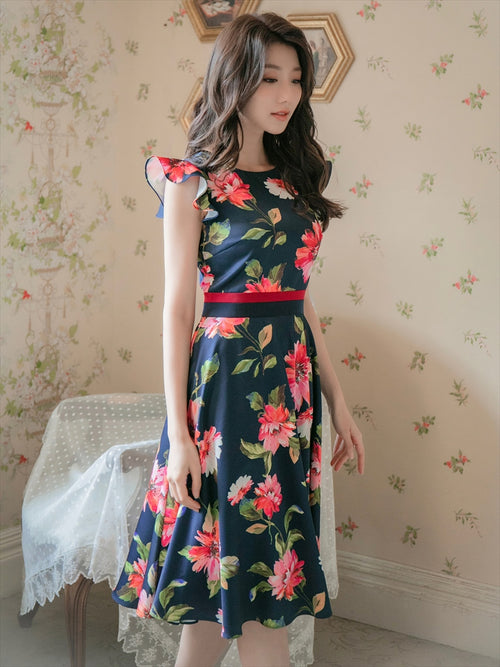 ERUKEI/C22015/プリント/フレア/ワンピース/結婚式/同窓会/ミニドレス/花柄プリント/ハイウエスト/ネイビー/ホワイト/紺/白