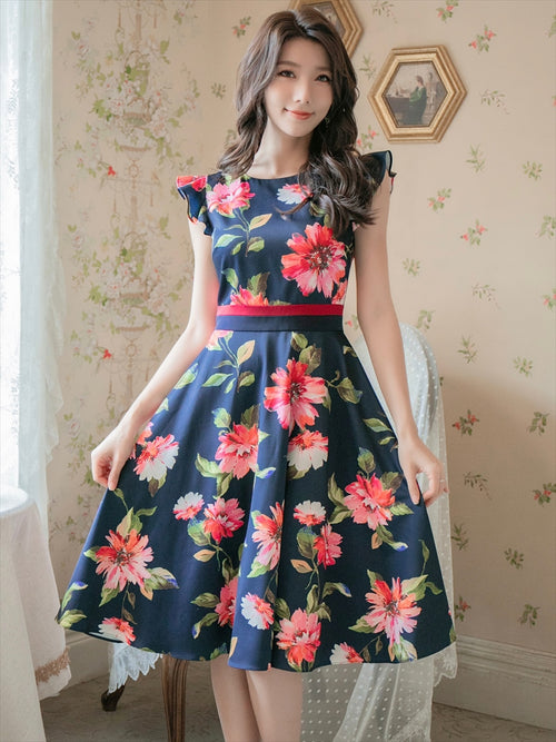 ERUKEI/C22015/プリント/フレア/ワンピース/結婚式/同窓会/ミニドレス/花柄プリント/ハイウエスト/ネイビー/ホワイト/紺/白