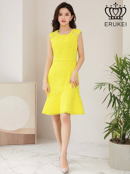 ERUKEI/エルケイ/E1193/ナイトドレス/ワンピース/ドレスパーティー/ノースリーブ/ツイード/お花ビジュー/ミディアム/結婚式/二次会/大きいサイズ/ワンカラー/KT
