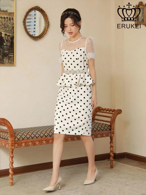 ERUKEI/E1529/ワンピース/パーティ/結婚式/二次会/キャバドレス/ドット/ベルト付き/ビジュー