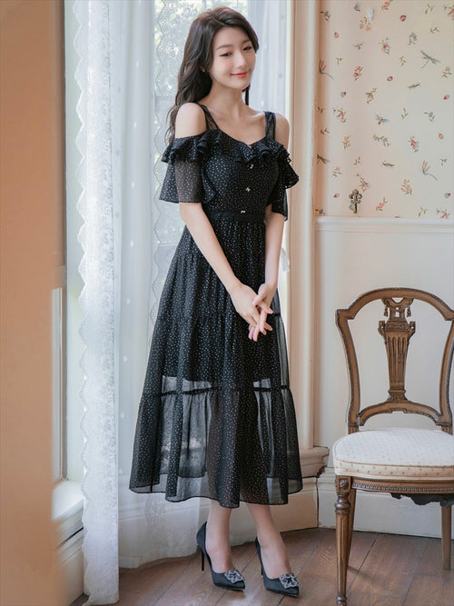 ERUKEI/S2582/SETTAN/ワンピース/パーティ/結婚式/二次会/ミディアムドレス/リボンボタン