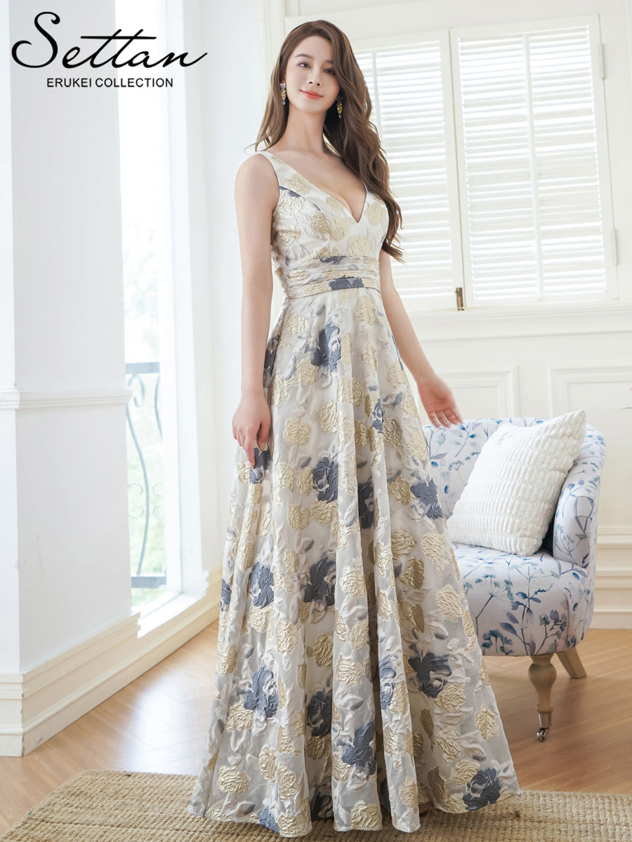 エルケイ ブラック×グレー 花柄 Vネック ロングドレスGINZA エルケイ ブラック×グレー 花柄 Vネック ロングドレスGINZA