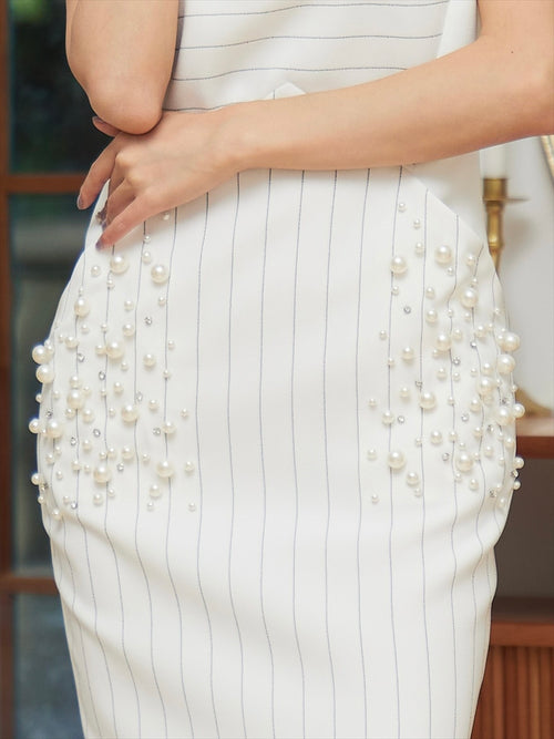 ERUKEI/E1512/ワンピース/パーティ/結婚式/二次会/ミディアムドレス/キャバドレス/ピンストライプ/ポケット付き