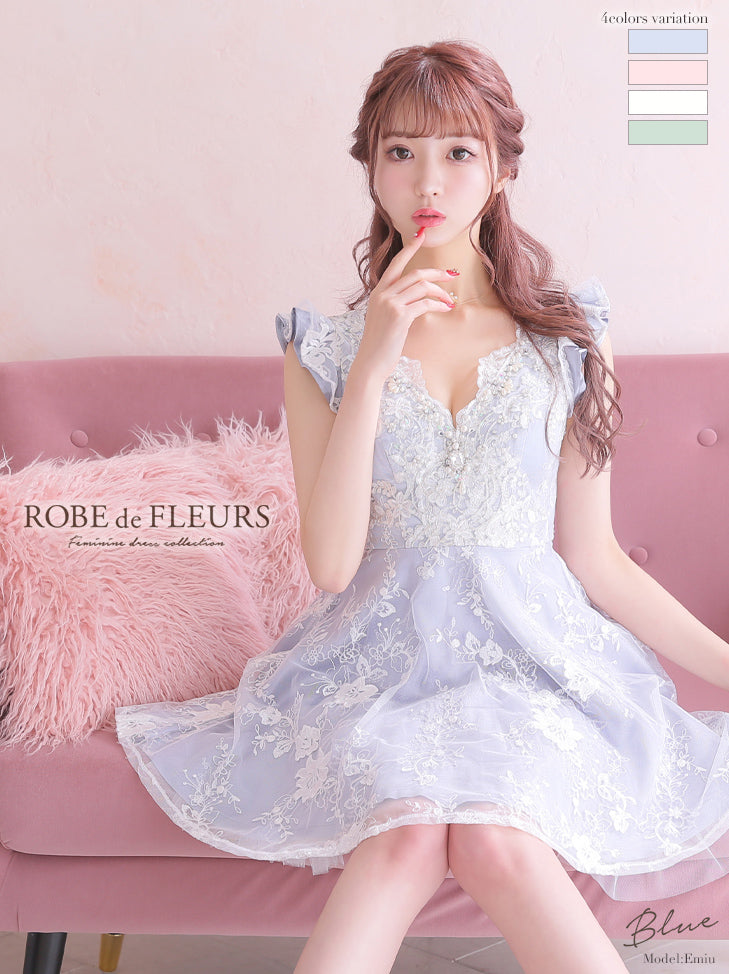 fm2484/ROBEdeFLEURS/袖ありドレス/ナイトドレス/キャバドレス/ミニドレス/フリルスカート/ワンカラー/ワンピース/