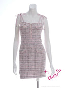 an/AOC-3695/ワンピース/キャバドレス/ミニドレス/ツイード/ショルダーリボン/フロントジップ/ノースリーブ/タイト/ブルー/ピンク